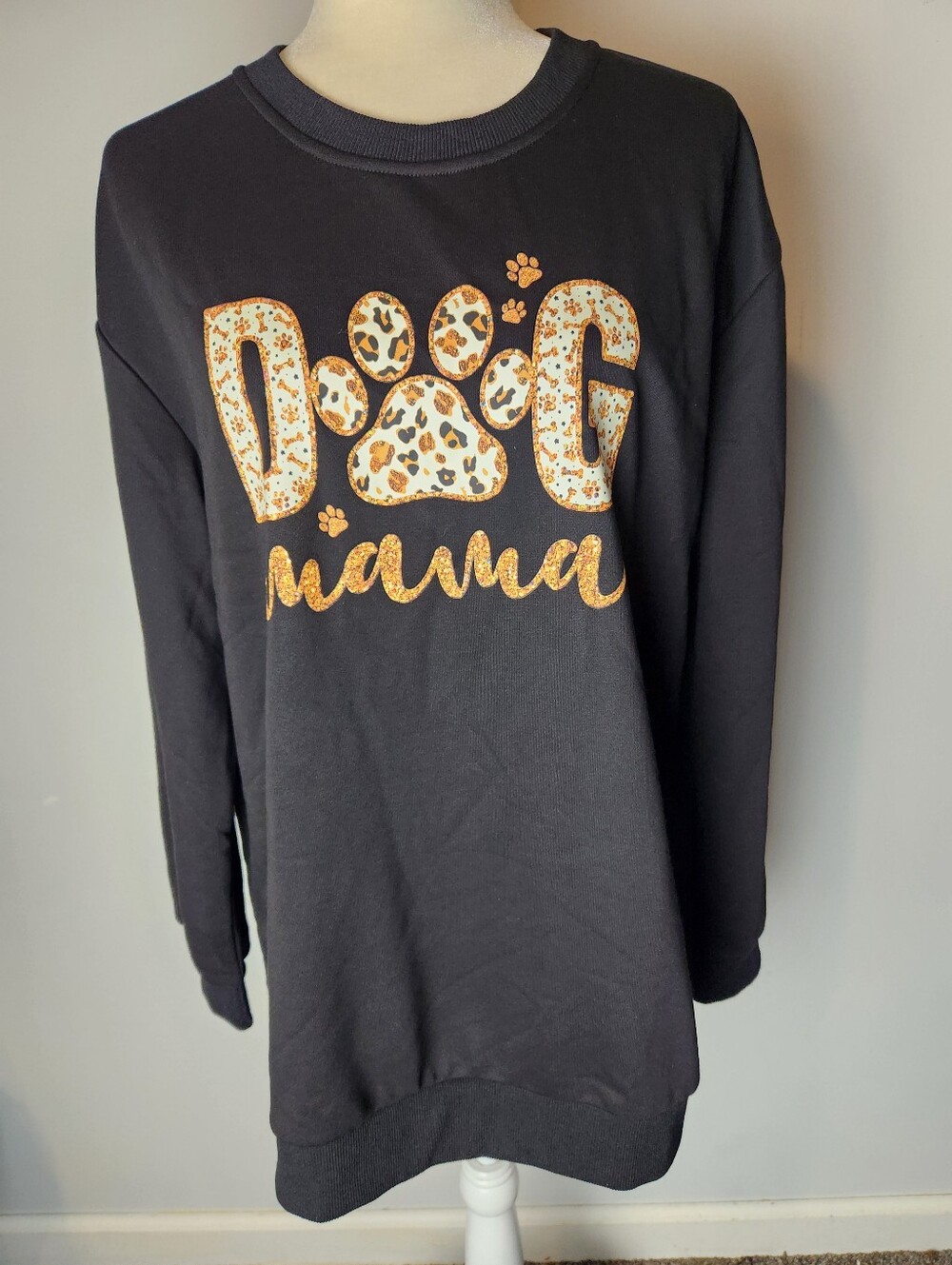 Amazon Black 'Dog Mama' Sweatshirt with Leopard Print & Gold Script
